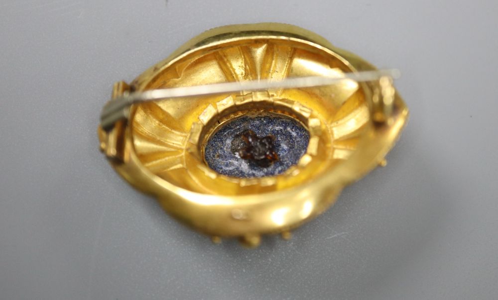 A Victorian yellow metal, blue enamel and seed pearl set oval brooch, 34mm, gross 5.4 grams.